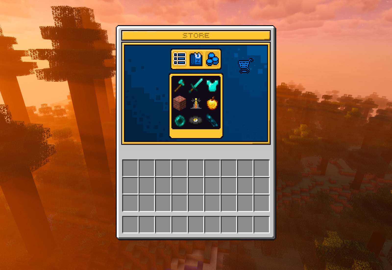 Menu de loja da Hasty aberto dentro do Minecraft, com itens, kits e equipamentos à venda